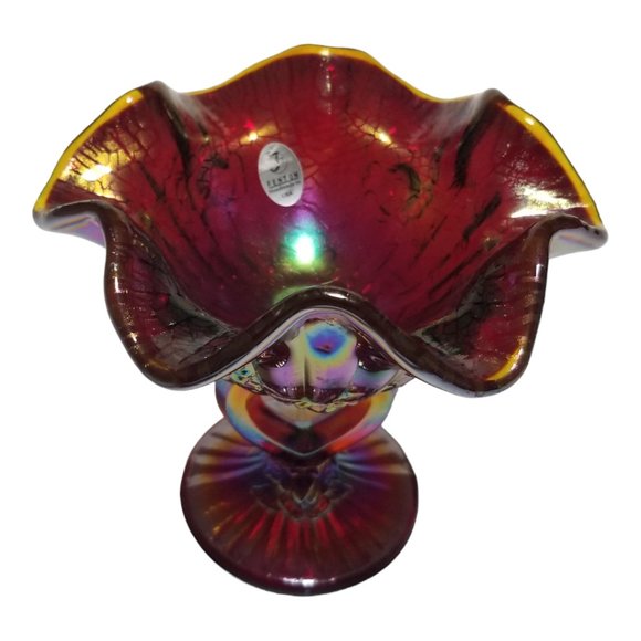 Ruby Red Open-Heart Bowl Rare Fenton's Iridescent Cabbage Rose Art Glass - Picture 2 of 6